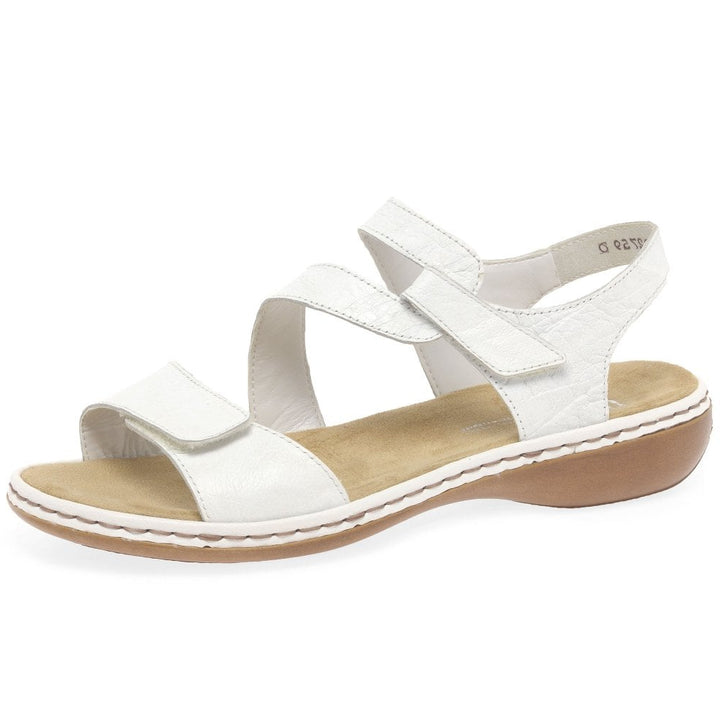 Rieker 659C7 Ladies Wrinkled Effect Leather Low Wedge Double Touch Fasten Sandals White