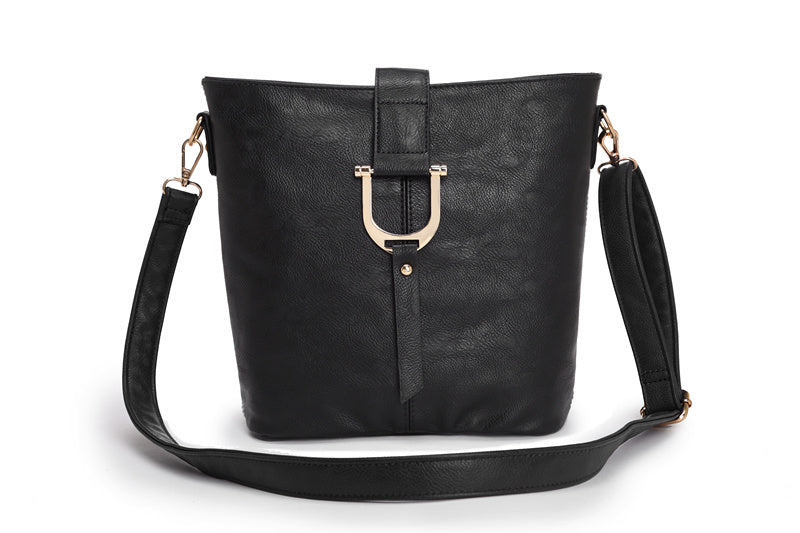 Long & Son Ladies Bucket Shaped Faux Leather Handbag/ Crossbody Bag Black