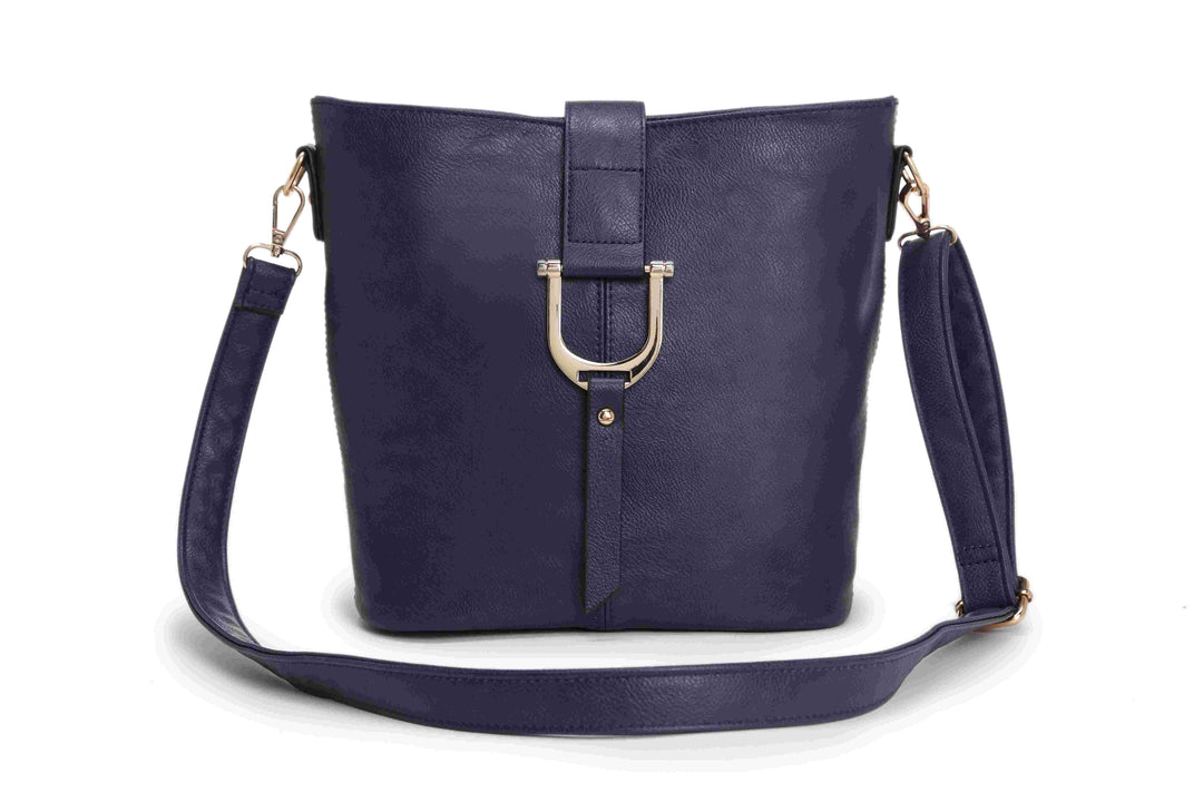Long & Son Ladies Bucket Shaped Faux Leather Handbag/ Crossbody Bag Navy
