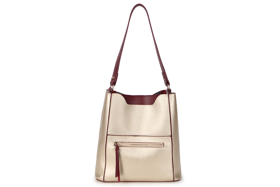 Long Son Ladies Faux Leather Shoulder/Handbag With Removable Pouch Gold/Burgundy