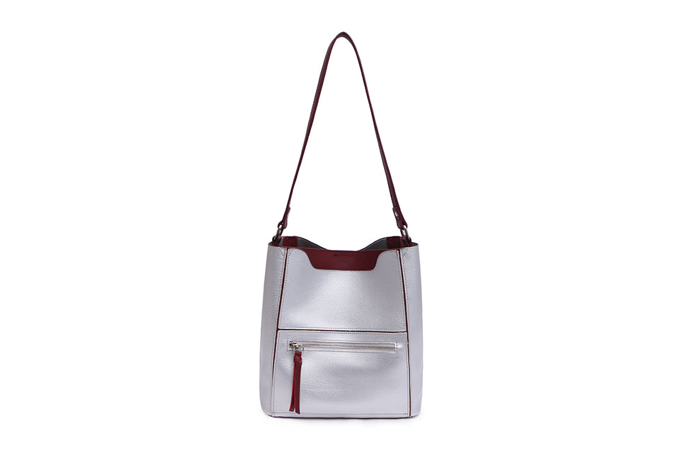 Long Son Ladies Faux Leather Shoulder/Handbag With Removable Pouch Silver/Burgundy