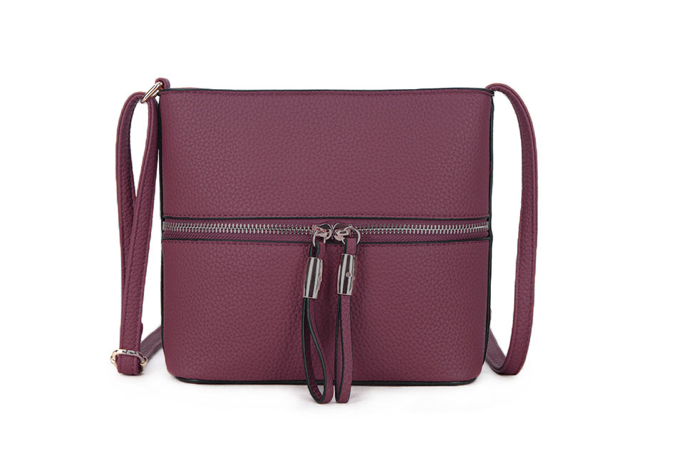 Long & Son Ladies Small Crossbody Handbag/Crossbody Bag With Double Zipped Front Pocket Wine