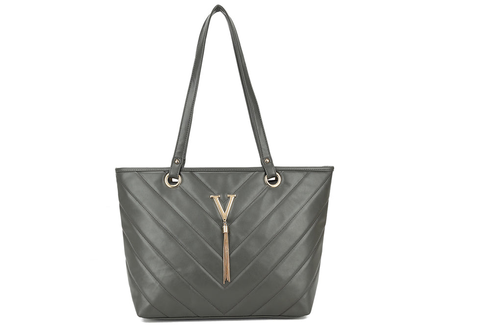 Long & Son Ladies Designer Inspired Large Quilted V Emblem Tote Bag With Double Shoulder Straps Grey