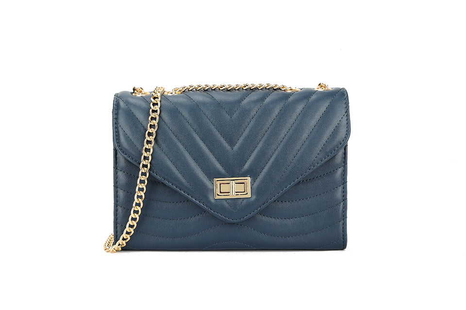 Long & Son Ladies Designer Inspired Quilted Handbag With Adjustable Chain Strap Navy