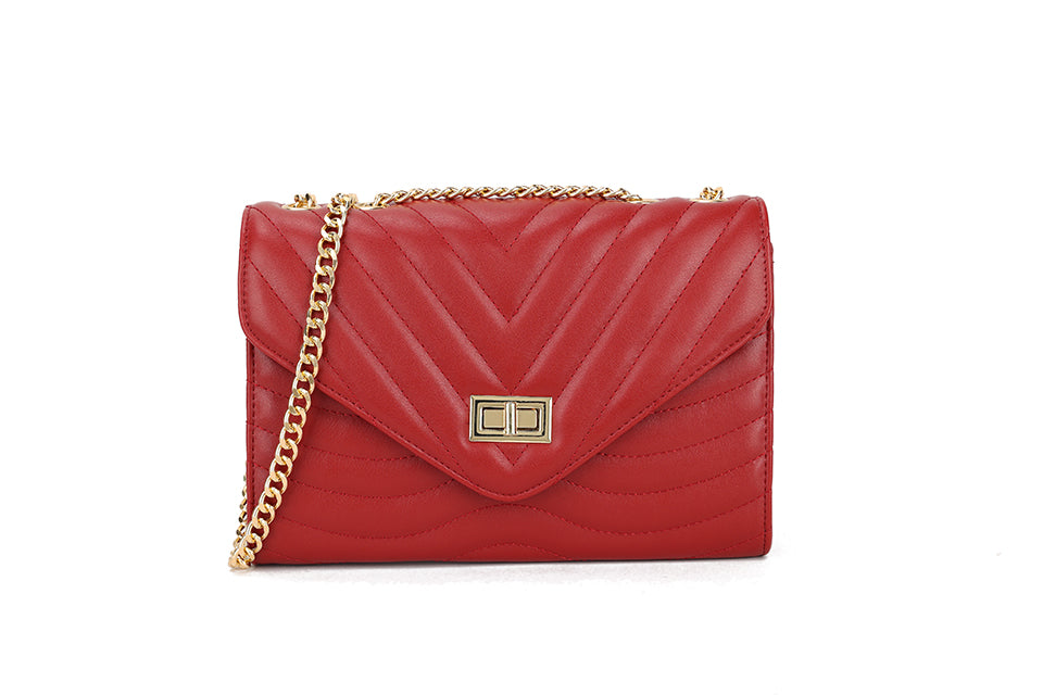 Long & Son Ladies Designer Inspired Quilted Handbag With Adjustable Chain Strap Red