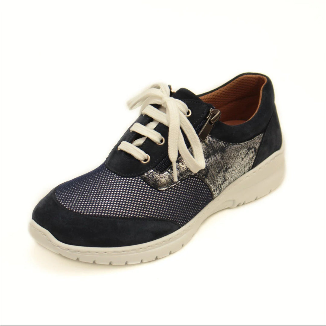 Footsoft Ladies Wide Fitting Suede/ Mesh Lace Up Trainers With Zip Removable Insoles Blue Black/Silver