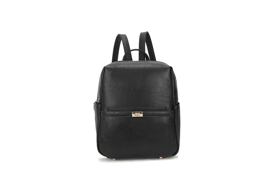 Long & Son Ladies Medium Antique Effect Faux Leather Fashion Rucksack Multi Pockets Black
