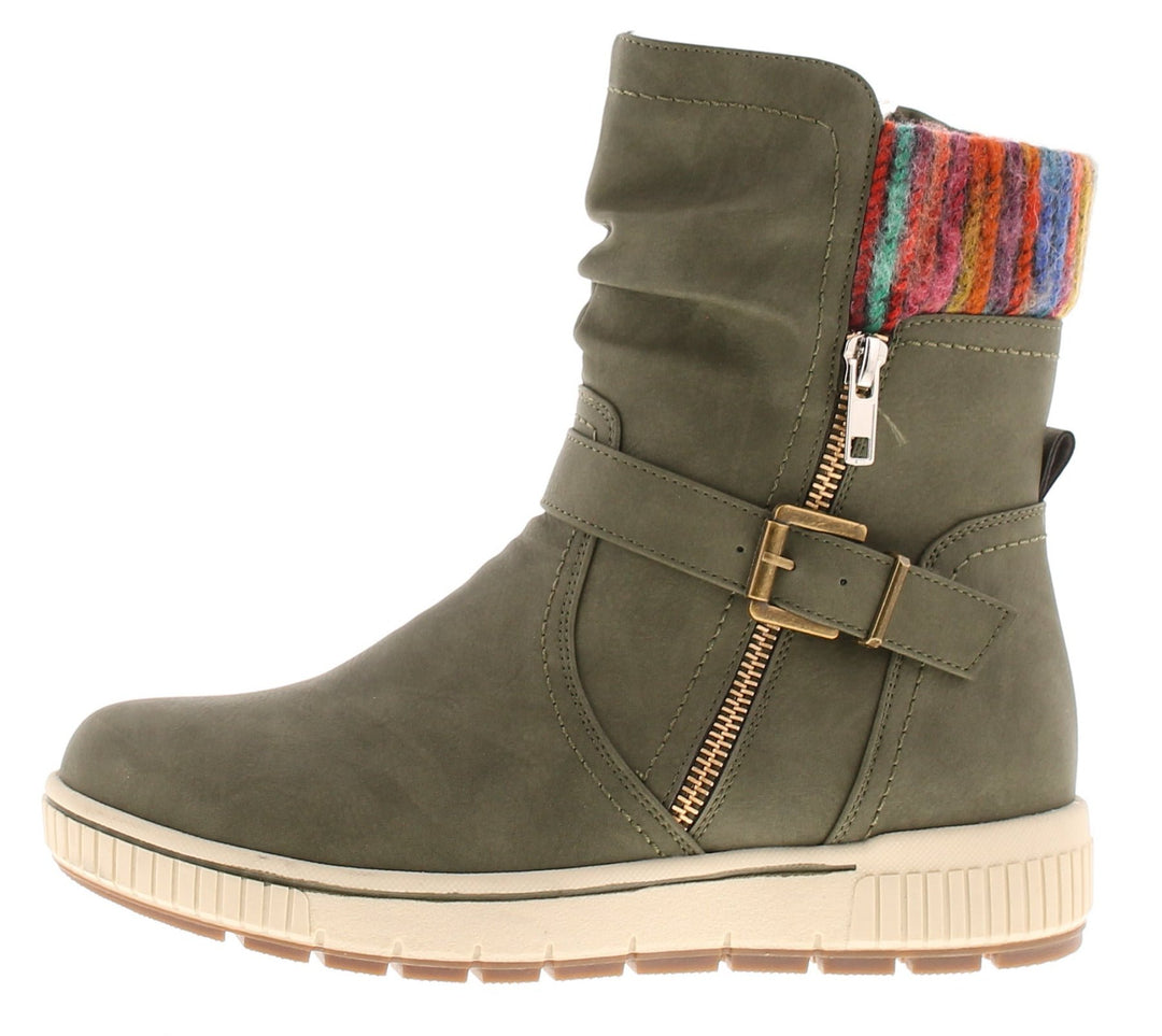 Natrelle Gillian Ladies Knitted Cuff Warm Lined Ankle Boots With Buckle And Zip Trim Khaki