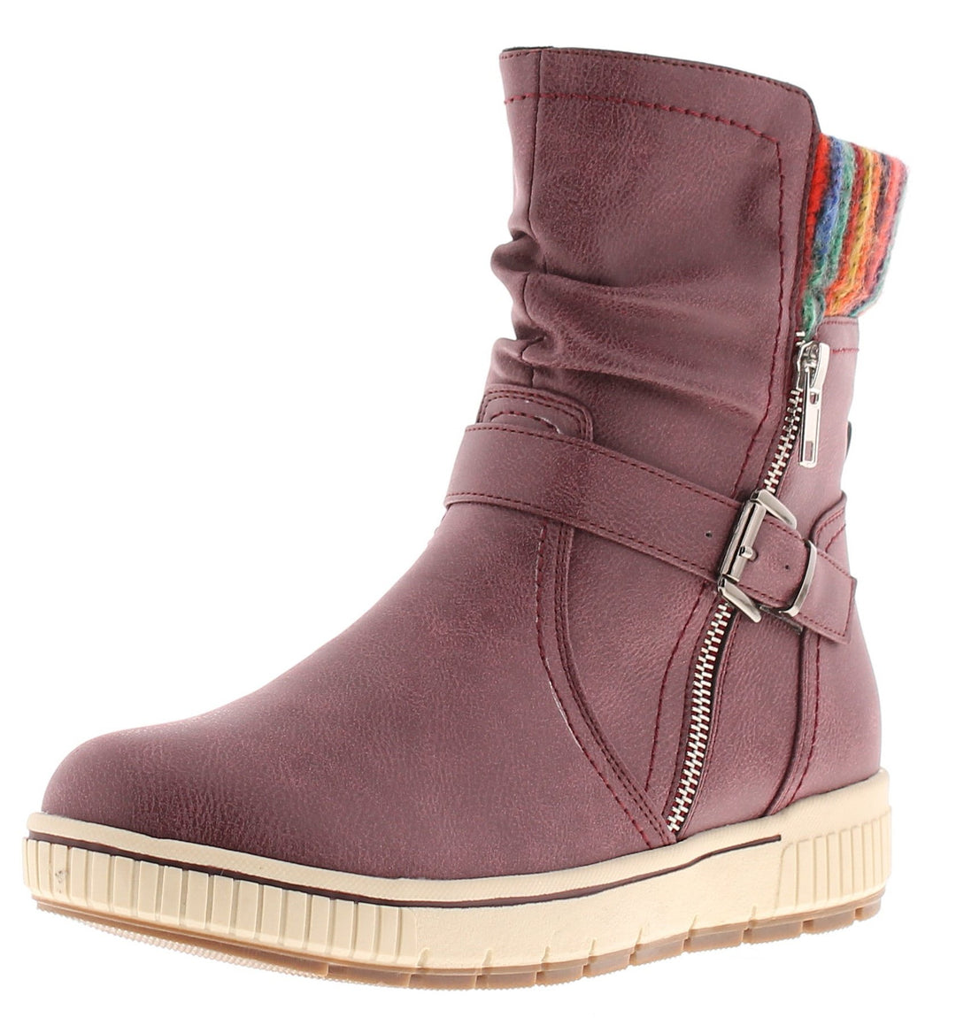 Natrelle Gillian Ladies Knitted Cuff Warm Lined Ankle Boots With Buckle And Zip Trim Burgundy