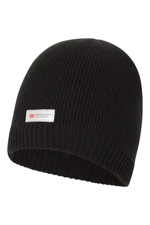 HeatGuard Mens Adults Black Thinsulate Thermal Ribbed Beanie Hat