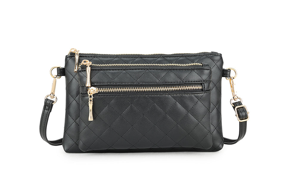 Long & Son Ladies Black Quilted Clutch Handbag With Detachable Adjustable Strap