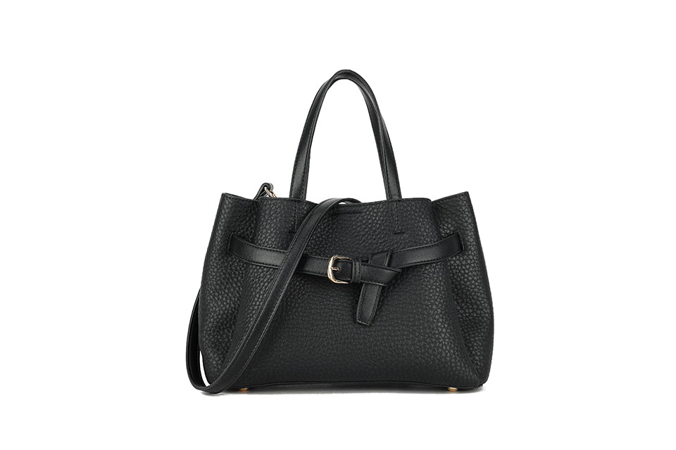 Long & Son Ladies Small Tote Handbag With Grab Handles Buckle Detail Adjustable Strap Black
