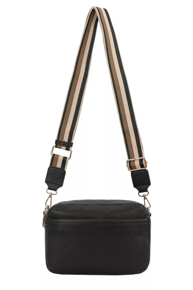 Gessy Ladies Double Zip Cross Body Shoulder Bag With Front/ Back Pockets, Adjustable Fabric Strap Black
