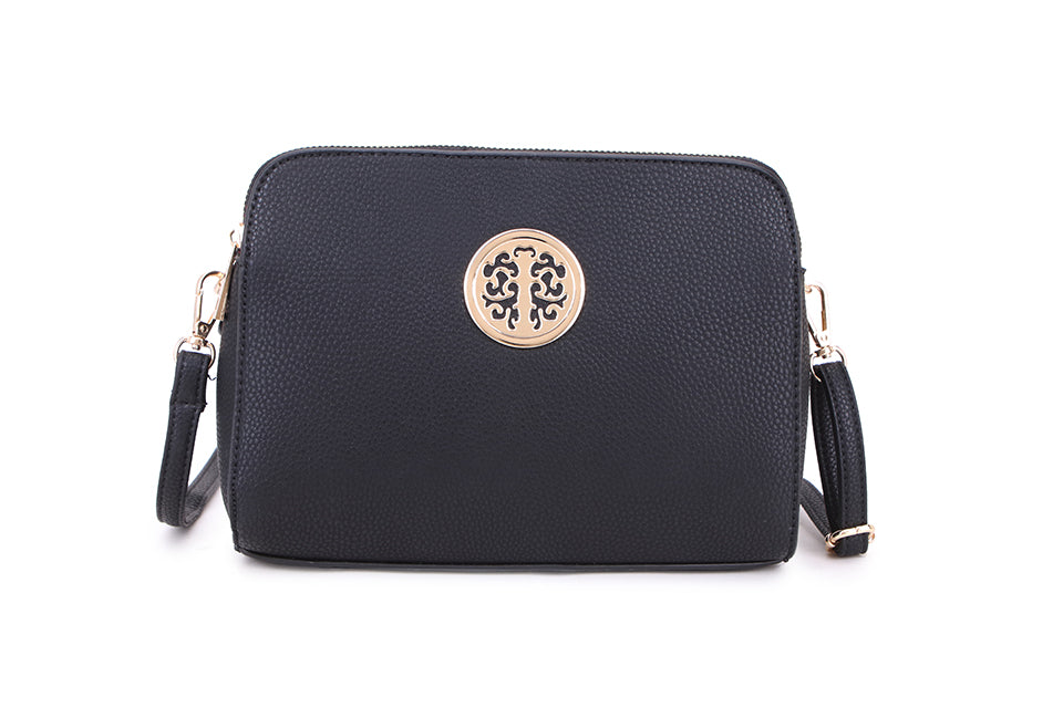 LONG & SON DESIGNER INSPIRED MULTI POCKET CROSS BODY SHOULDER HANDBAG WITH ADJUSTABLE STRAP AND GOLD TREE DETAIL BLACK
