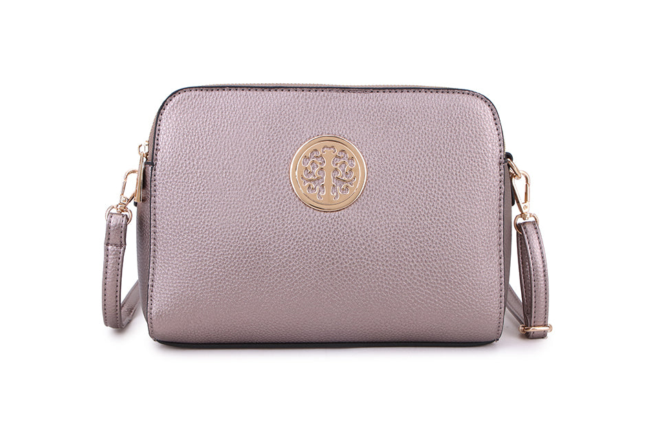 LONG & SON DESIGNER INSPIRED MULTI POCKET CROSS BODY SHOULDER HANDBAG WITH ADJUSTABLE STRAP AND GOLD TREE DETAIL PEWTER GREY