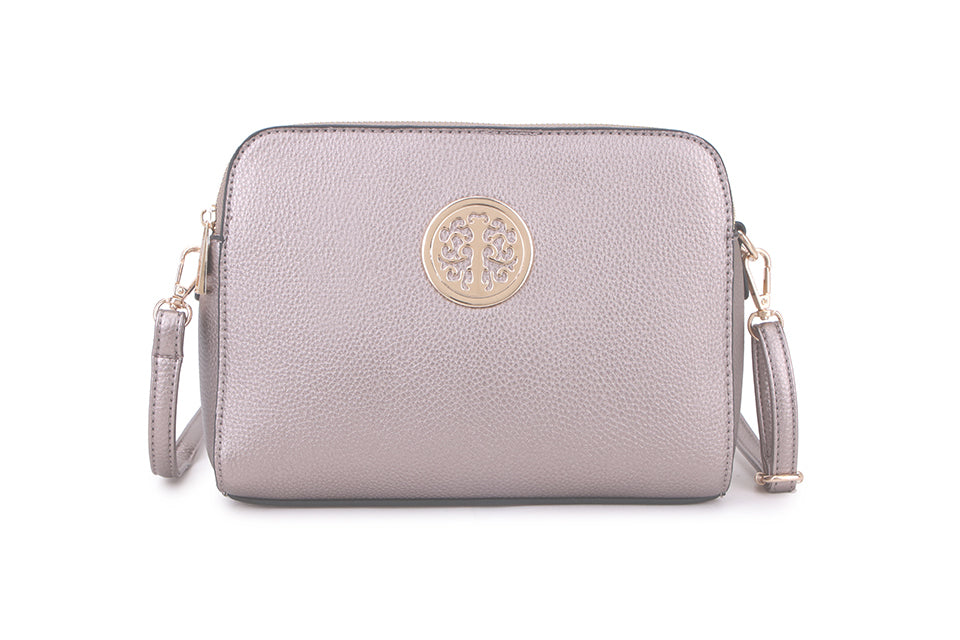 LONG & SON DESIGNER INSPIRED MULTI POCKET CROSS BODY SHOULDER HANDBAG WITH ADJUSTABLE STRAP AND GOLD TREE DETAIL SILVER