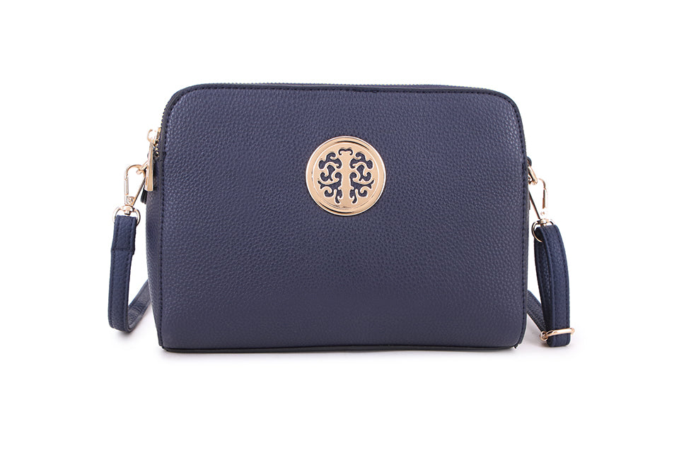 LONG & SON DESIGNER INSPIRED MULTI POCKET CROSS BODY SHOULDER HANDBAG WITH ADJUSTABLE STRAP AND GOLD TREE DETAIL NAVY