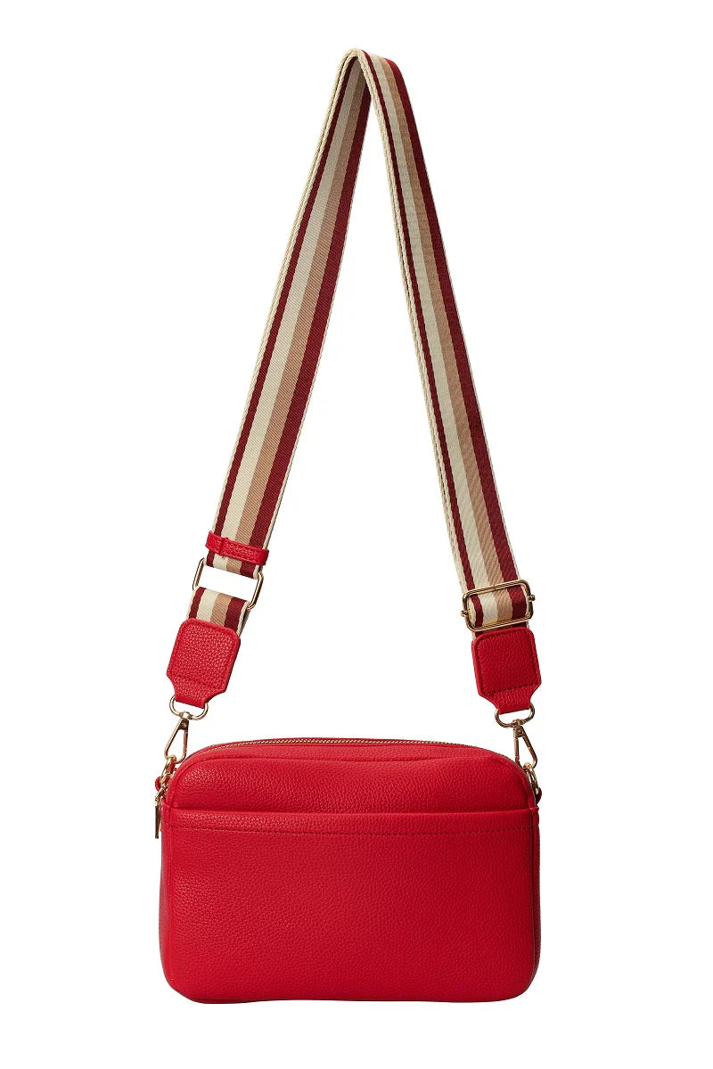 GESSY LADIES DOUBLE ZIP CROSS BODY SHOULDER BAG WITH FRONT/ BACK POCKETS, ADJUSTABLE FABRIC STRAP RED