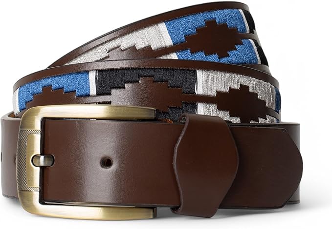 Forest Mens Embroidered Leather Belt Brown Blue Black Combination