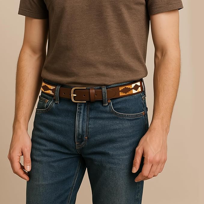 Forest Mens Embroidered Leather Belt Brown Tan Green Beige Combination