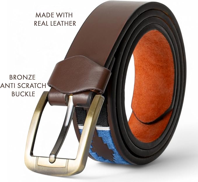 Forest Mens Embroidered Leather Belt Brown Blue Black Combination