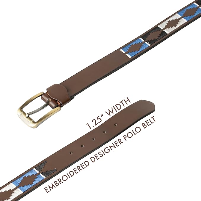 Forest Mens Embroidered Leather Belt Brown Blue Black Combination