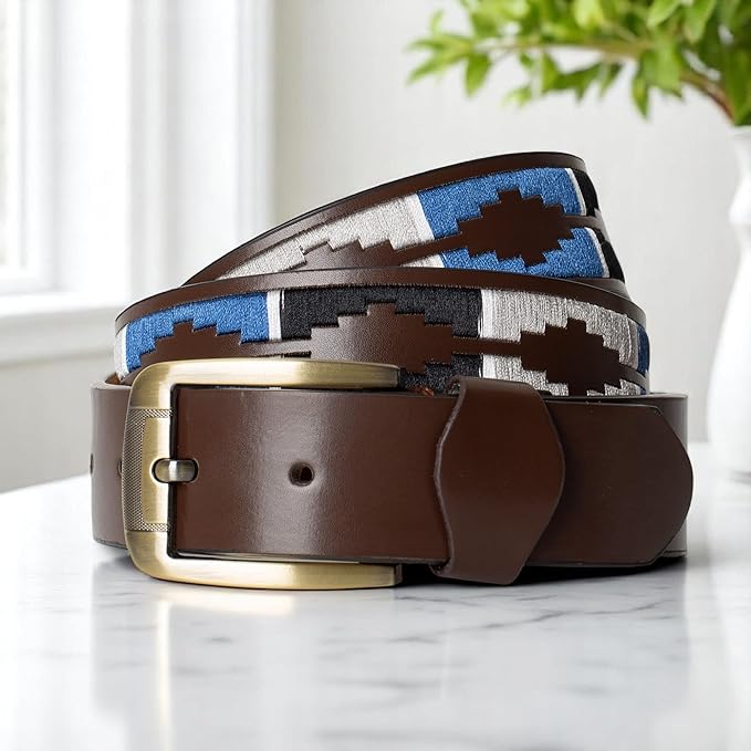Forest Mens Embroidered Leather Belt Brown Blue Black Combination