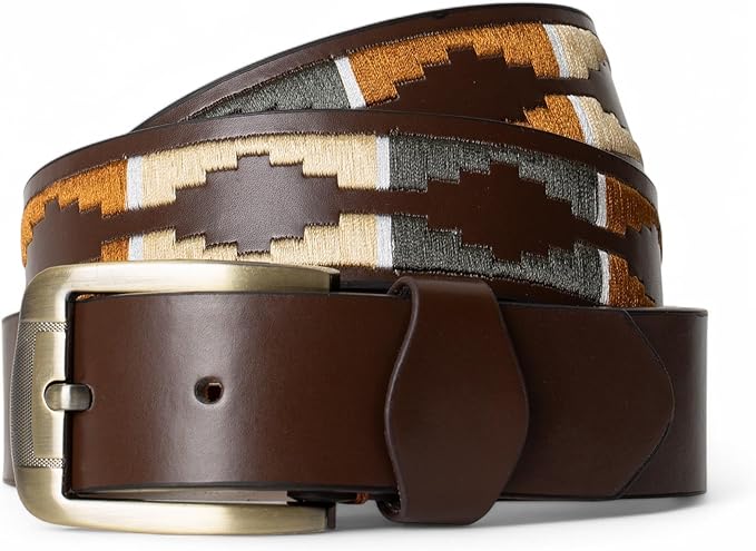 Forest Mens Embroidered Leather Belt Brown Tan Green Beige Combination