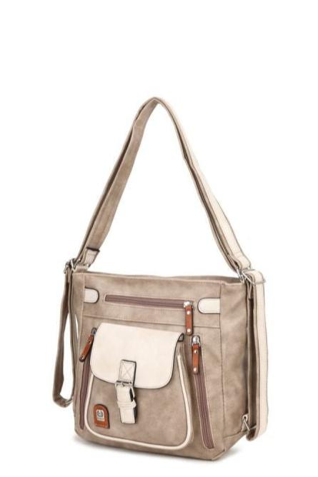 FIRENZE LADIES LARGE MULTI POCKET FAUX LEATHER SHOULDER HANDBAG/ BACK PACK ZIP FASTENING TAUPE/ CREAM