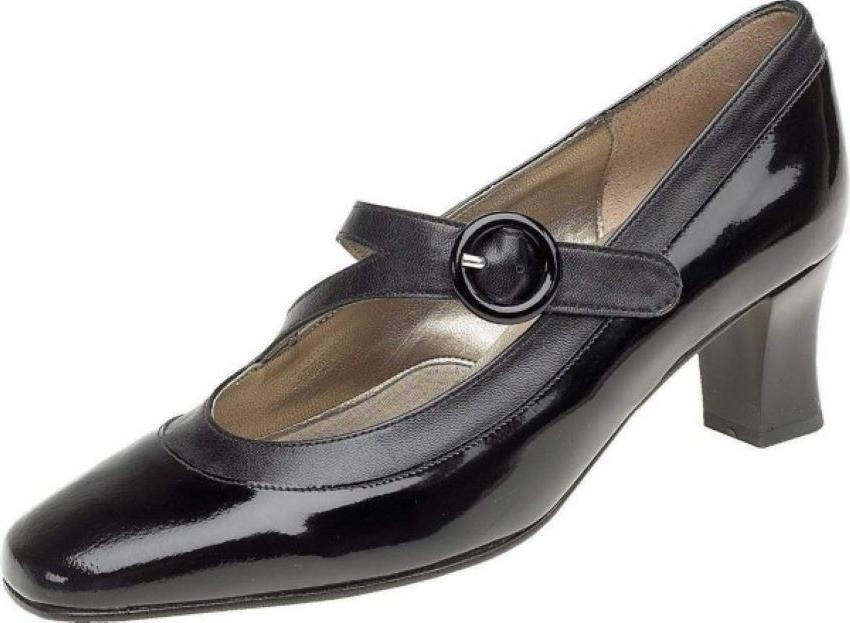 Equity Flame Ladies Wide E Fit Black Patent/ Leather Court Shoes With Mary Jane Strap Fastening