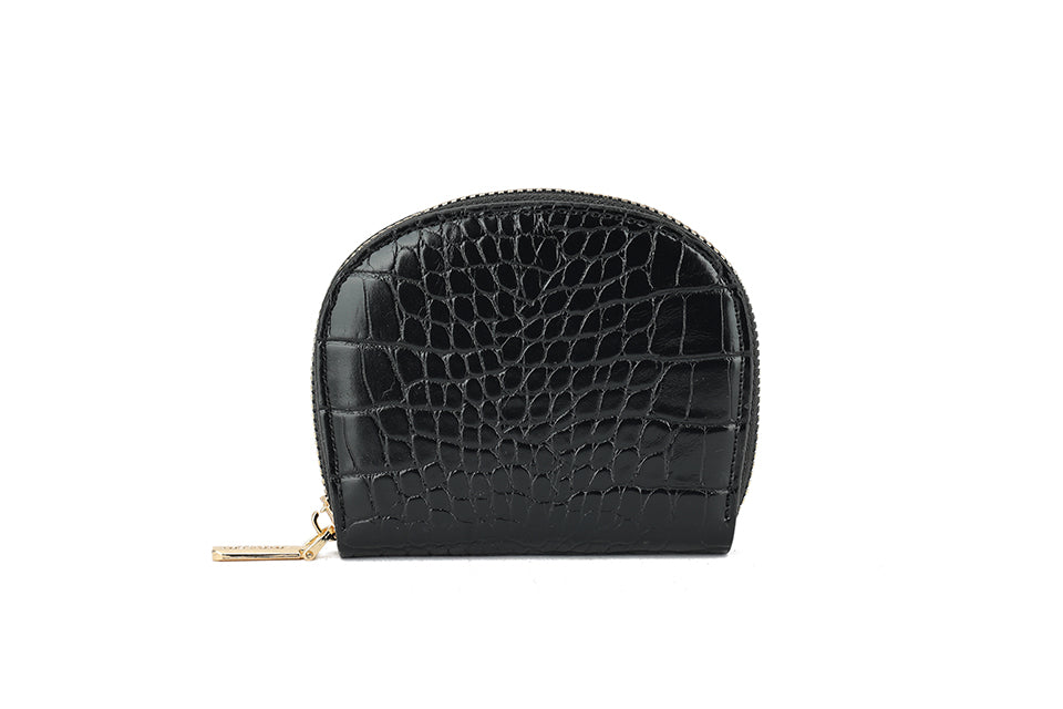 Long & Son Ladies Small Zip Around Crocodile Print Card Holder Purse Black