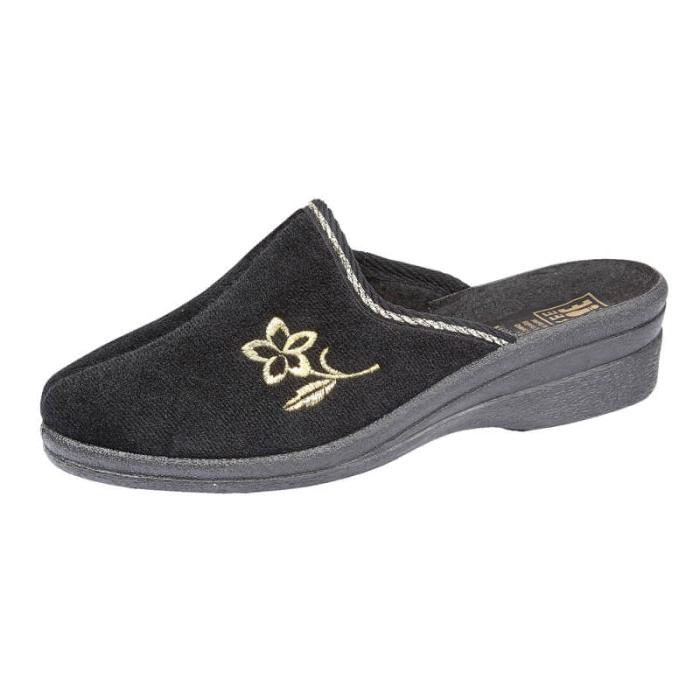 Jo & Joe Helen Ladies Wedge Mules Slippers With Gold Floral Embroidered Design Black