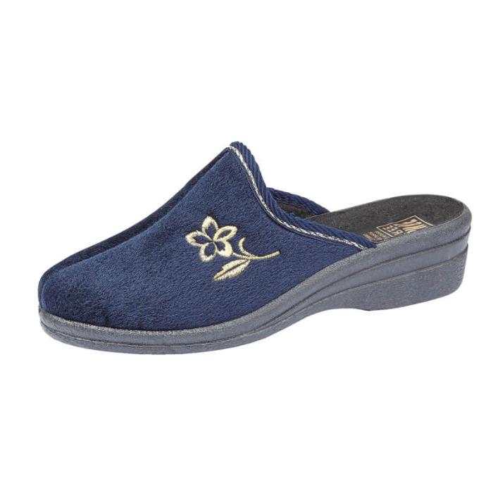 JO & JOE HELEN LADIES WEDGE MULES SLIPPERS WITH GOLD FLORAL EMBROIDERED DESIGN NAVY