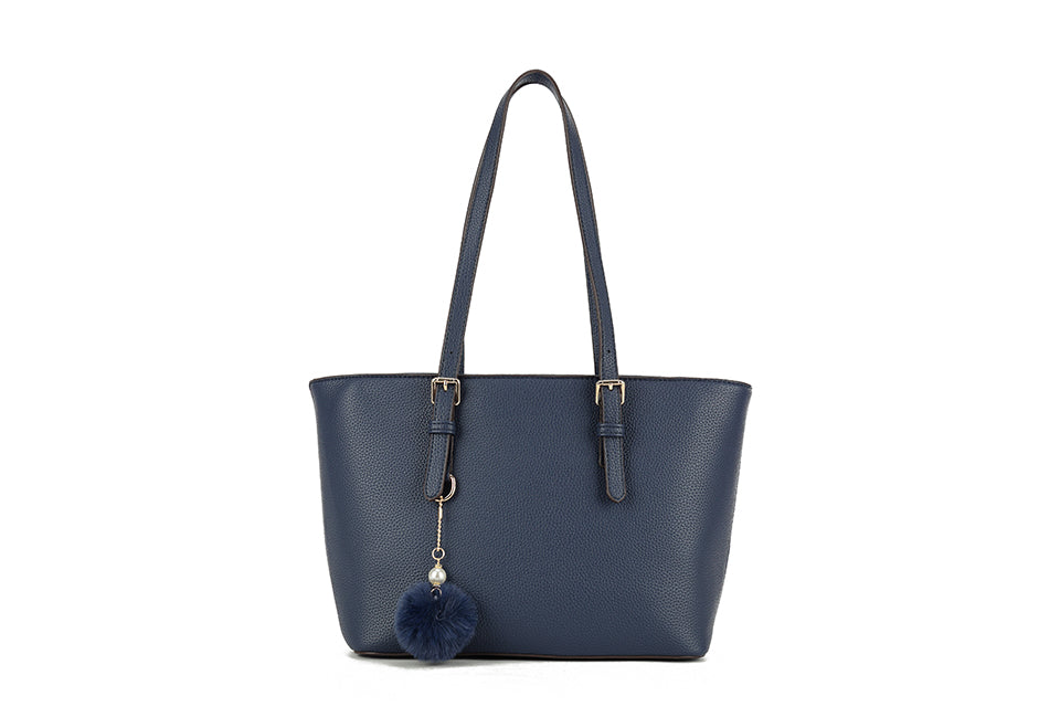 Long & Son Ladies Medium Tote With Buckle Adjustment Double Shoulder Straps Pom Pom Navy