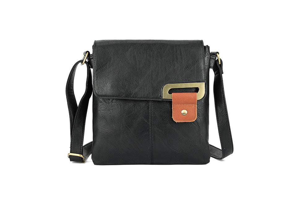 Long & Son Ladies Large Cross Body Shoulder Bag Handbag With Flap Multi Pockets Adjustable Strap Black