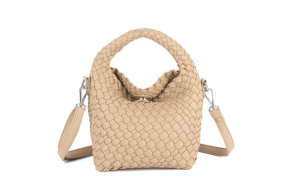 Long & Son Ladies Basket Weave Small Grab Handle Handbag With Detachable Strap BEIGE