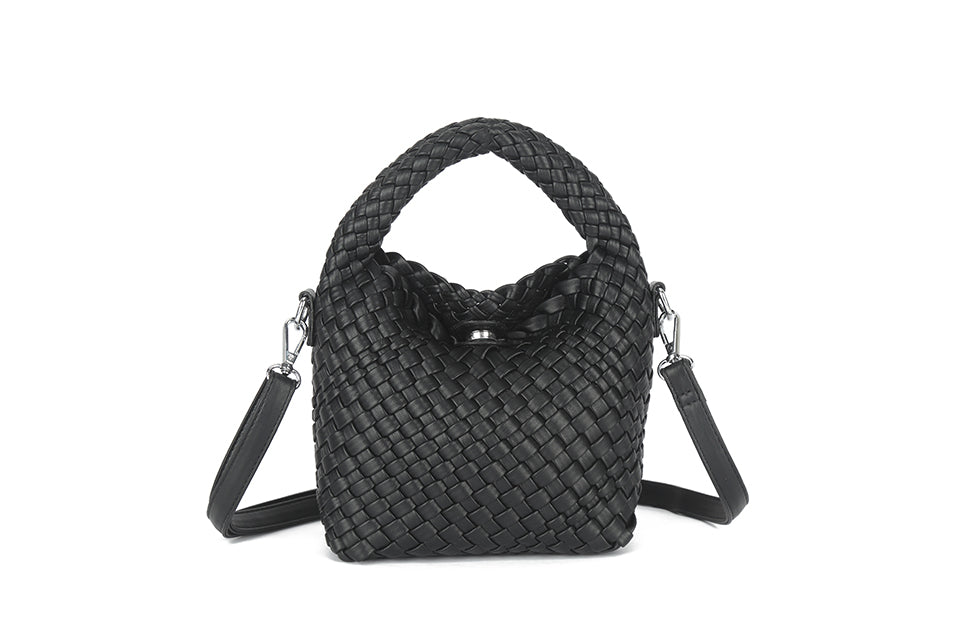 Long & Son Ladies Basket Weave Small Grab Handle Handbag With Detachable Strap Black