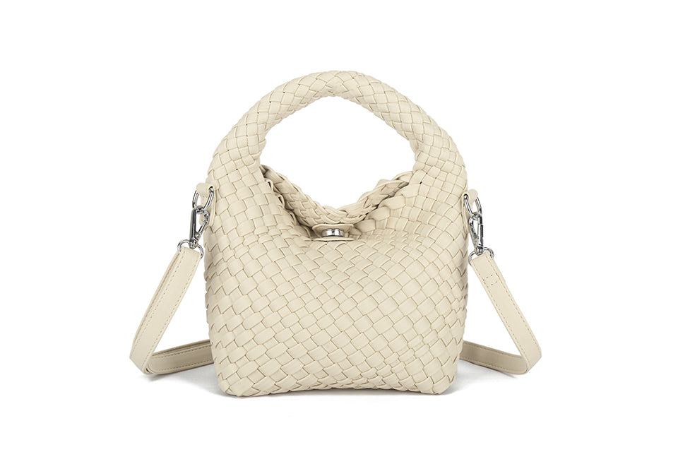 Long & Son Ladies Basket Weave Small Grab Handle Handbag With Detachable Strap OFF WHITE