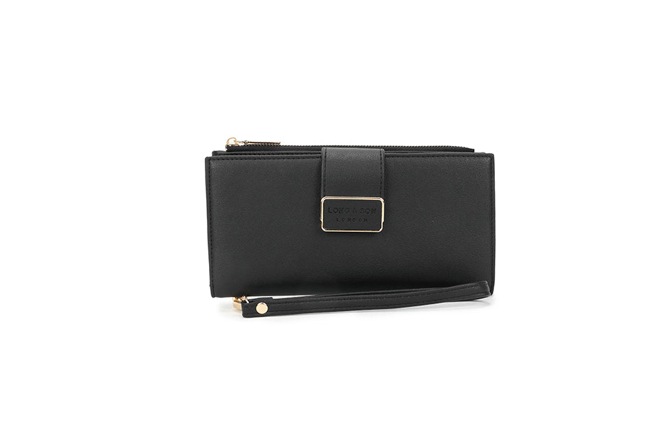 Long & Son Ladies Large Black Faux Leather Fold Out Purse/ Wallet With Wristlet Strap