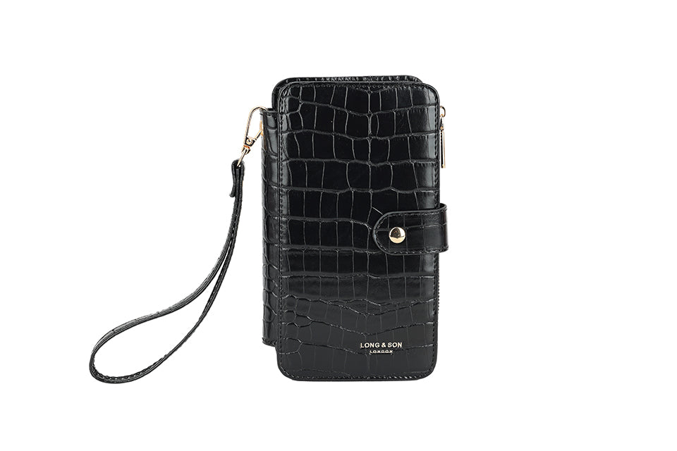 Long & Son Ladies Black Crocodile Mobile Phone Case/ Credit Card Holder / Purse With Detachable Wristlet