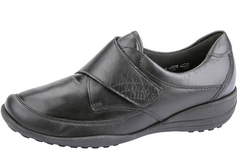 Waldlaufer Katja Ladies Dual Fit Wide E/EE Fitting Black Leather Touch Fasten Walking Shoes