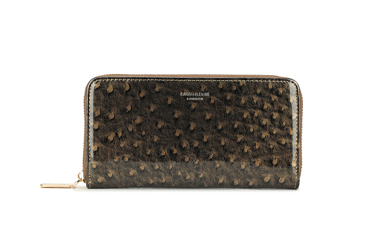 Long & Son Ladies Large Designer Inspired Ostrich Print Purse Coin Cash Change Credit Card Zip Antique Brown/Gold