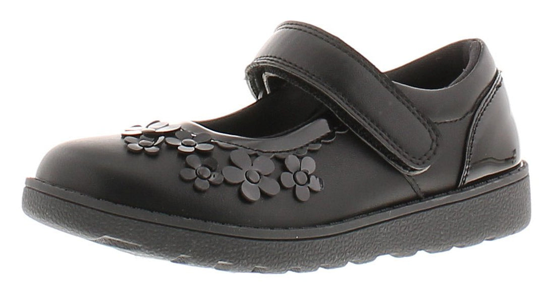 Little Green Feet Pretty Vegan Black Patent Mary Jane Style School Shoes With 3D Flower Design