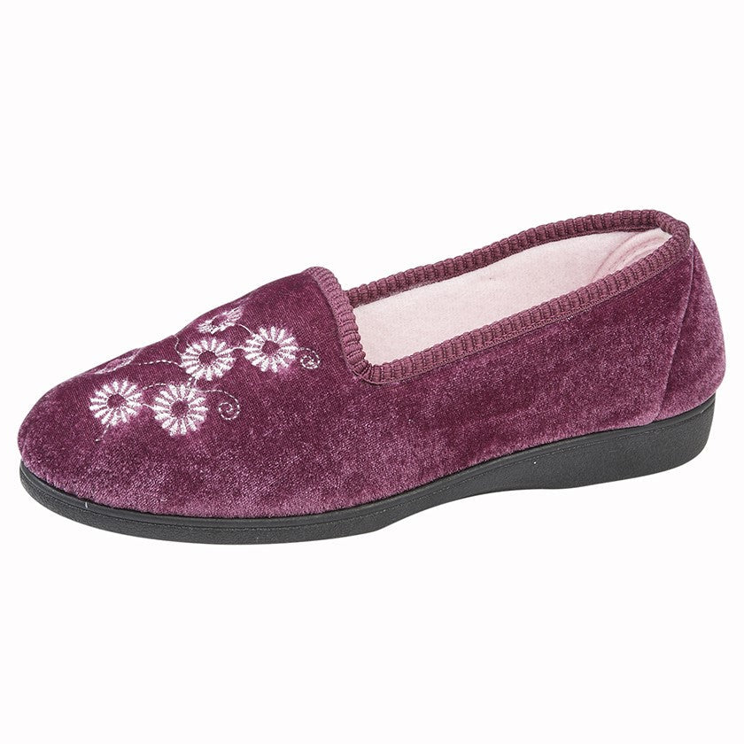 Sleepers LS309 Cathy Ladies Super Light Weight Heather Pink Velour Slip On Slippers With Flower Detail