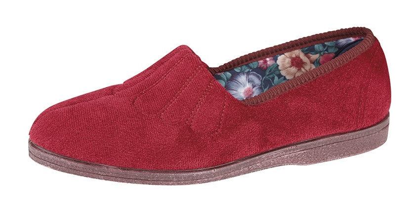 Sleepers LS722 Zara Womens Wide E/EE Fitting Red Soft Warm Comfy Slip On Velour Roll Top Slippers With Removable Insoles