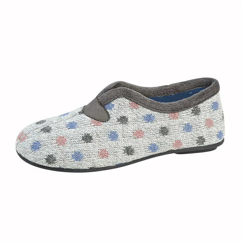Sleepers LS681 Seana Ladies Grey V Cut Fleece Lined Slippers With Polka Dot Design