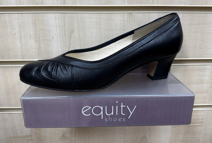 Equity Monica Ladies WIDE E FIT Classc Black Leather Mid Heel Court Shoes Vintage Style