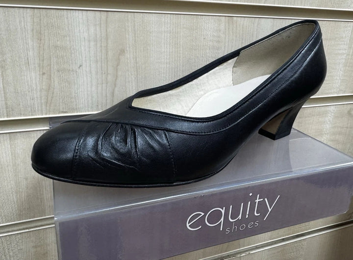 Equity Monica Ladies WIDE E FIT Classc Black Leather Mid Heel Court Shoes Vintage Style