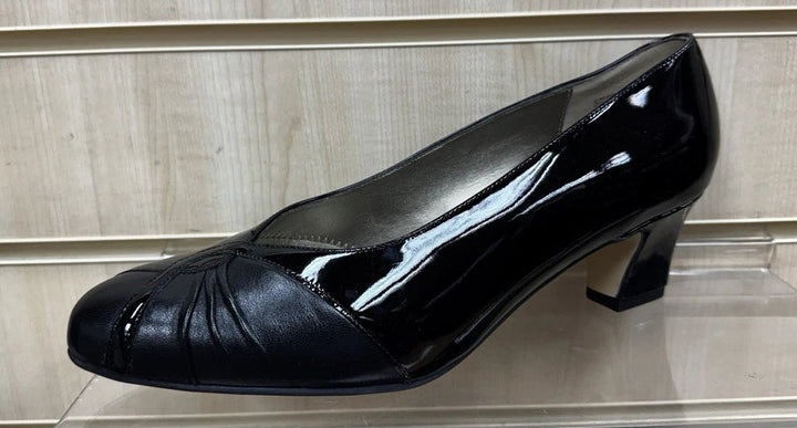 Equity Monique Ladies WIDE E FIT Classc Black Patent Leather Mid Heel Court Shoes Vintage Style