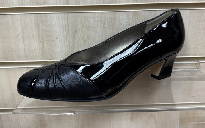 Equity Monique Ladies WIDE E FIT Classc Black Patent Leather Mid Heel Court Shoes Vintage Style
